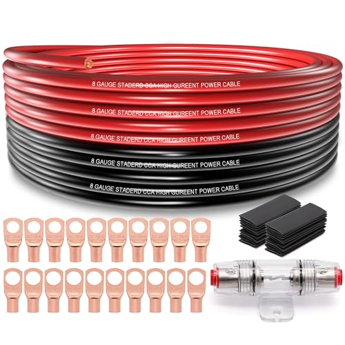 8 Gauge Wire (25ft Each- Black/Red) Copper Clad Aluminum CCA,60A AGU Fuse Holder,20pcs Lugs Terminal Connectors and 2 :1 Heat Shrink Tube for Power/Auto,Amplifier,Ground Cable