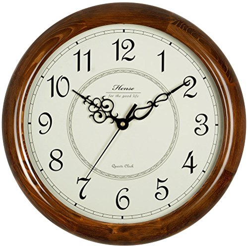 Hense 14-Inch Large Wood Wall Clock Retro Vintage Style Decorative Clocks Battery Operated Quartz Analog Silent Movement Wall Clock for Home Kitchen Living Room Arabic Numerial Dial Non Ticking HW18