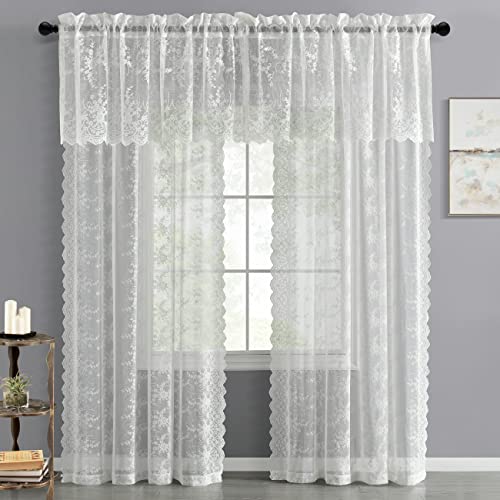 Kotile Lace Valance For Kitchen Window, Vintage Floral Embroidered Sheer Valance Curtain 18 Inch Length, Rod Pocket Privacy Short Lace Cafe Curtain Panel, 52 X 18 Inch, 1 Panel, Ivory #TOP4