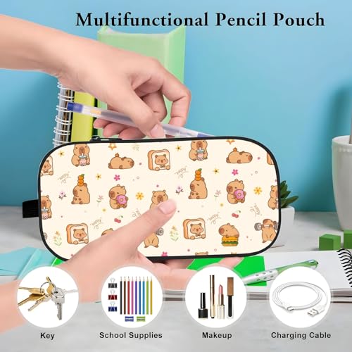 Image of WOBAGMEN Double Layer Pencil Case with Handle Large Pencil Bag Cute Print Pencil Pouch for Boys Girls (Capybara Bread)