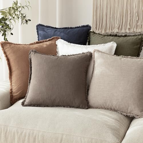 Image of Foindtower Decorative Linen Fringe Throw Pillow Covers Cozy Boho Farmhouse Cushion Cover with Tassels Soft Accent Pillowcase for Chair Sofa Bed Living Room Home Decor, 24x24 Inch,1PC,Light Coffee