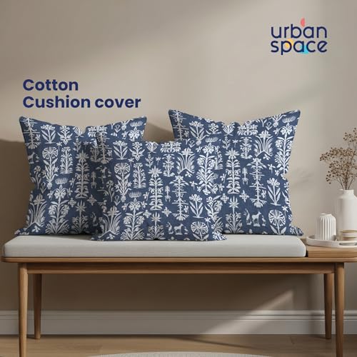 Image of Urban Space Decorative Cotton 200 TC Cushion Cover Set of 3, 16 Inch X 16 Inch Cushion Covers for Sofa, Bedroom, Living Room (Twigs Indigo Blue, Cushion Cover 40Cm X 40Cm, Set of 3)