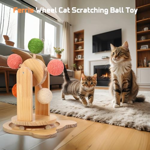 Cat Wheels for Indoor Cat,2-in-1 Cat Toy Ball Track,Interactive Cat Scratching Ball Toy Cat Scratcher Ball Solid Wooden Base - Image 6
