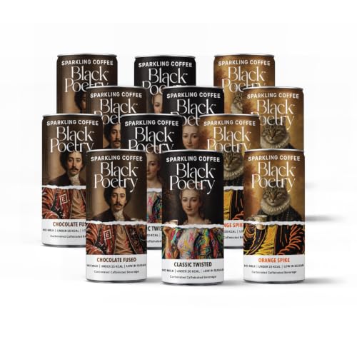 Image of Black Poetry Sparkling Coffee Variety Pack of 12 - 185ml Each | 4 Each of Classic Twisted, Orange Spike & Chocolate Fused Flavours | 100% Arabica Cold Brew | Ready-to-Drink Black Coffee | Low Sugar