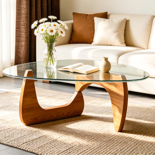 telkener Mid Century Modern Coffee Table, Center Table for Living Room, Offices, Triangle Tempered Glass Top and Solid Wood Base, Easy Assembly, Walnut, 44.8" x 32.2" x 16.1"