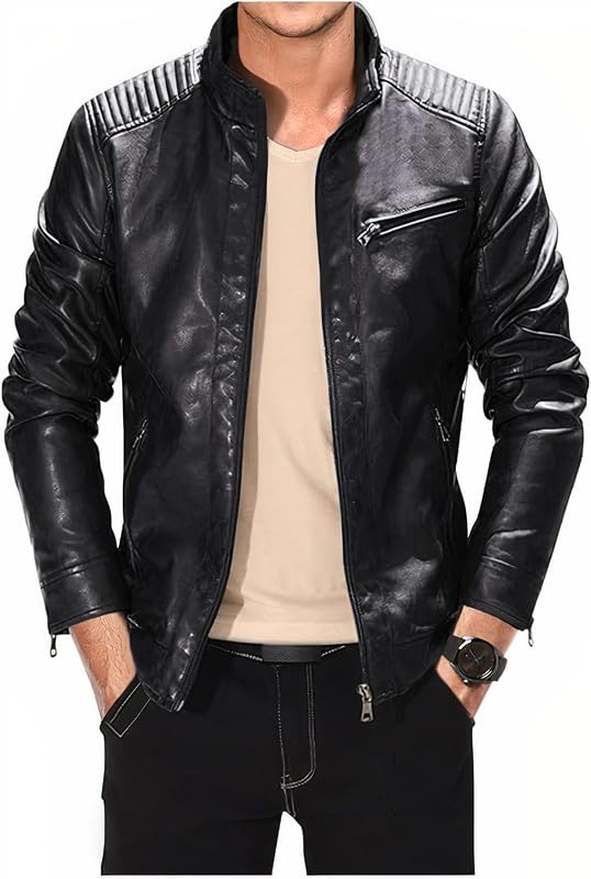 Image of Leather Retail Men Black Faux Leather Biker Jacket with Zipper Pockets