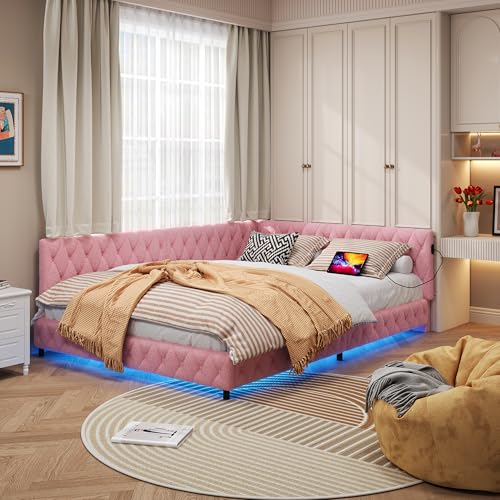 Tagesbett 140x200 mit LED und USB, Polsterbett mit Lattenrost, Schlafsofa 140x200, Jugendbett Einzelbett, Teddy Velvet, Ohne Matratze (Rosa) – Bild 3
