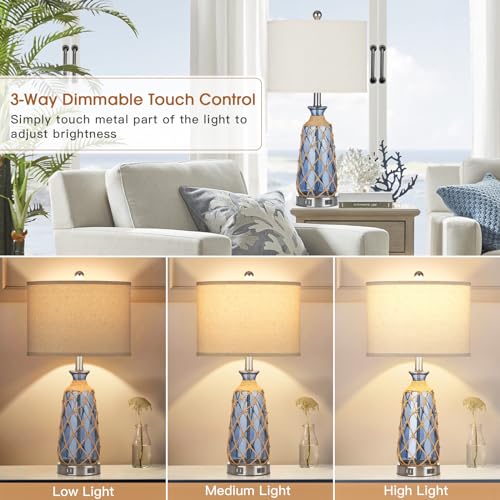 Coastal Glass Table Lamps, 3-Way Dimmable Touch Control Bedside Lamps with 2 USB Ports and AC Outlet, Blue Nautical Nightstand Lamps for Bedroom Living Room (LED Bulbs Included) - Image 3