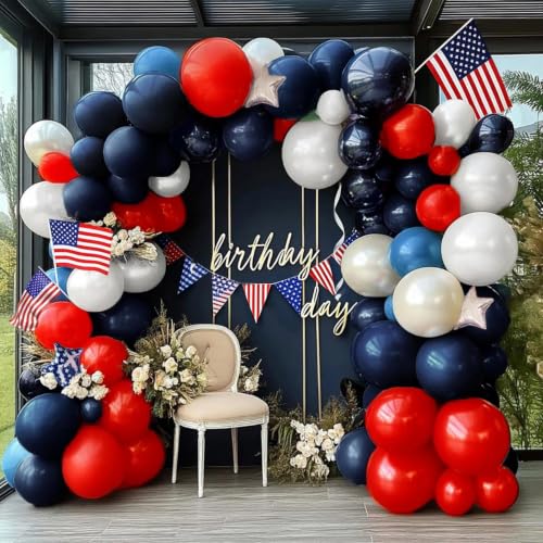 Image of Navy Blue Red White Balloon Arch, Double Stuffed Royal Blue Red White Sand Balloon Garland Kit for Birthday 4th of July Independence Day Patriotic Baby Shower Baseball Nautical Graduation Party Decor