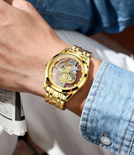 Image of OLEVS Skeleton Watch for Men Original Analog Quartz Luxury Black Stainless Steel Waterproof Luminous Men's Modern Wrist Watch
