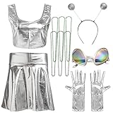 FIOEOZ Alien Costume Party Favors for Women, 11 PCS Dress up Party Supplies 2023 New Years Costume Boppers Props Metallic Outfit Top and Shirt (XL)