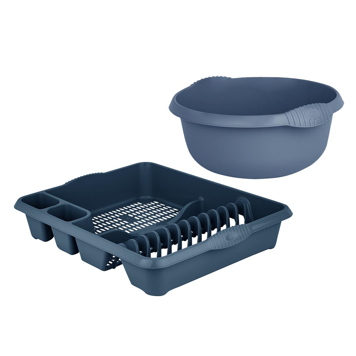 JMS we create smile Wham Set of 2 Plastic Kitchen Large Dish Drainer with 32cm Round Washing Up Bowl (Navy)