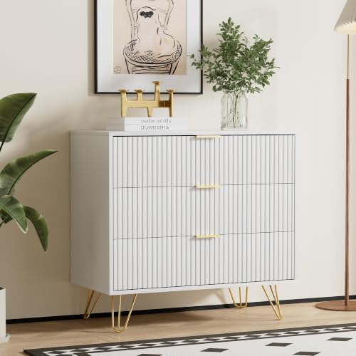 Image of Furniway White Dresser for Bedroom, 3 Drawer Dresser with Gold Pulls, Fluted Modern Chest of Drawers Storage Cabinet, 31.5 inch W x 15.7 inch D x 29.5 inch H
