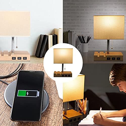 DAMORON Table Lamp, Bedside Lamp with 3 USB Charging Ports, Eye-Caring Dimmable LED Desk Lamp, 3 Levels of Brightness, Wooden Base with 2 Phone Stand, Rechargeable Nightstand Light for Bedroom, Yellow