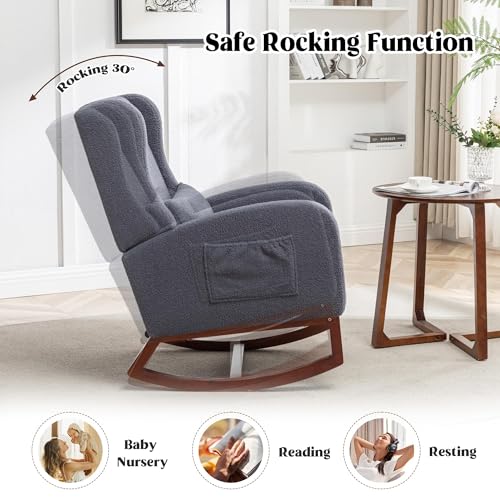 Image of HCHAIRH Rocking Chair with Foot Rest,Teddy Nursery Rocking Chairs, Wingback Nursing Glider Rocker Chair with Pillow and High Back for Nursery, Living Room, Bedroom, Dark Grey