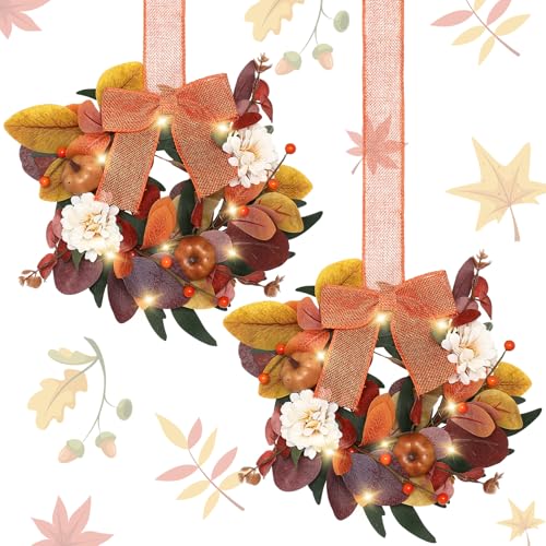 Thiccywoov 2 Pack Lighted Mini Fall Wreaths for Cabinet 9 Inch Autumn Dahlia Maple Leaf Wreath with Orange Bow Small Thanksgiving Wreath for Kitchen Cabinet Porch Wall Window Decor