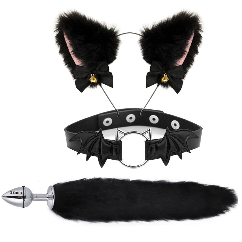 TJCGCKK Animal Cosplay Costume Furry Fox Tail Plug Cute Ears Headband Bat Style Neck Collar Set: Black C