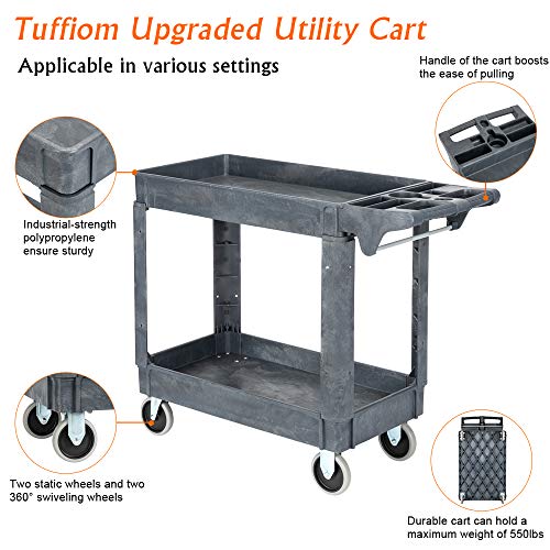Tuffiom Plastic Service Utility Cart With Wheels,550Lbs Capacity,Heavy Duty Tub Storage Cart W/Deep Shelves, Multipurpose Rolling 2-Tier Mobile Storage Organizer, For Warehouse Garage Industrial Cart #TOP6
