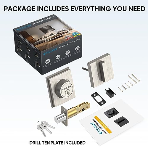 Image of TICONN Front Door Handle Set, Heavy Duty Square Door Lever & Single Cylinder Deadbolt Combo Reversible for Entrance Exterior Doors (Deadbolt Only)