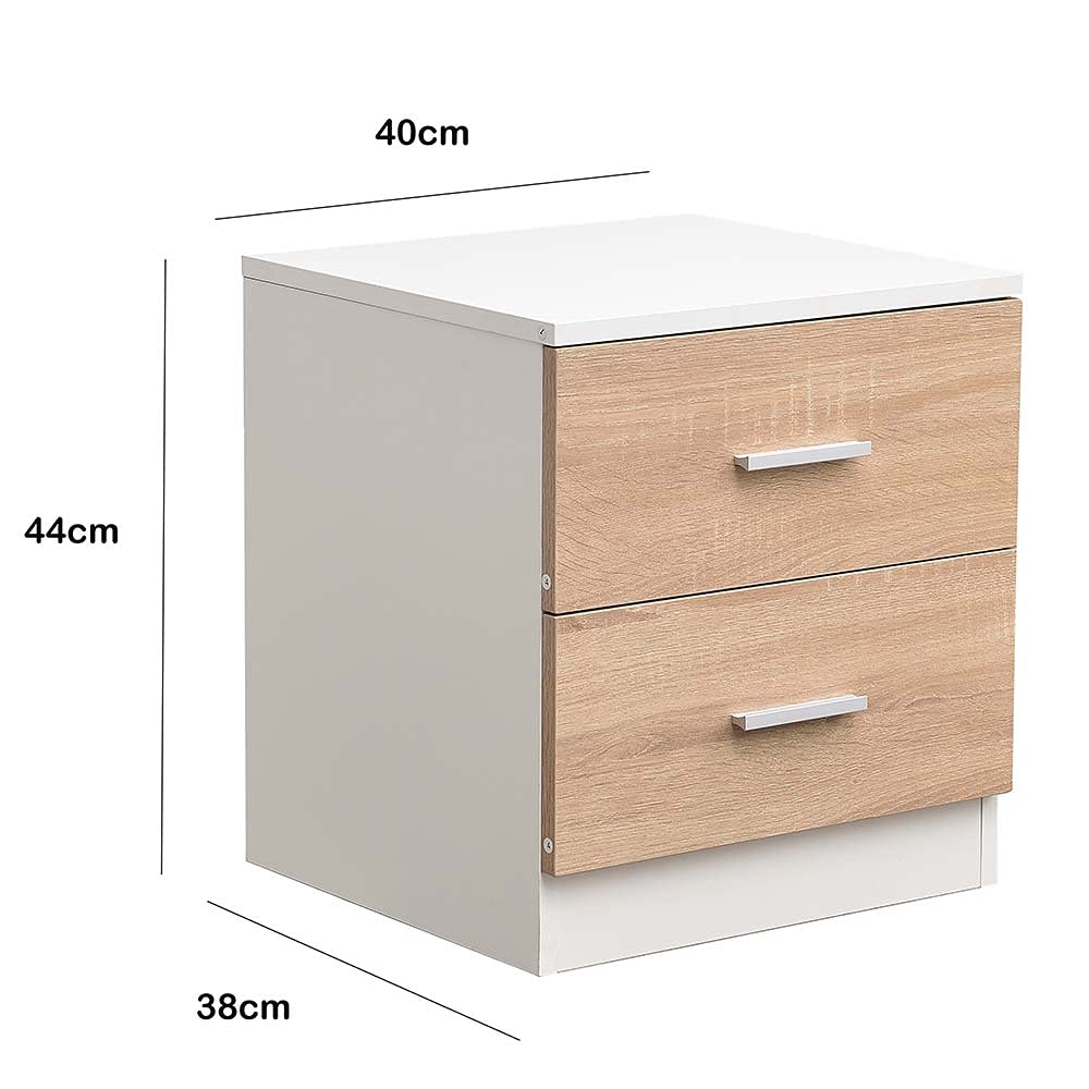 BAKAJI Mesita de Noche para Dormitorio, Armario con 2 cajones, asa de Metal, diseño Moderno, de Madera MDF, Mueble para el hogar, tamaño 44 x 40 x 38 cm, Color Blanco y Roble (2 cajones)