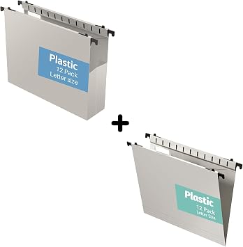 Plastic Extra Capacity Hanging File Folder Letter Size & 12 Pack Reinforced Hang Folders with 2 Inch Expansion Gray