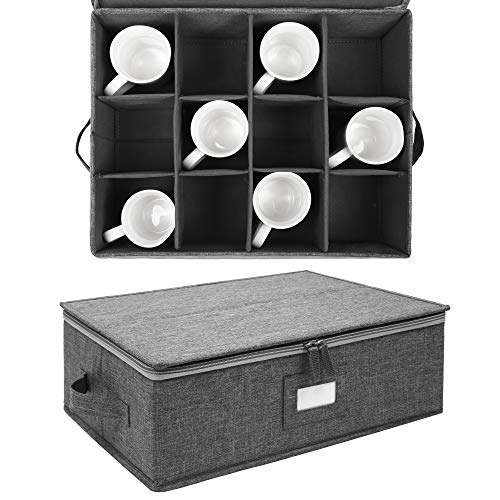 Popoly Cup And Mug Storage Box, China Storage Containers Chest With Zipper Lid And Handles, Holds 12 Coffee Mugs And Tea Cups, Hard Shell And Stackable(Grey) #TOP1