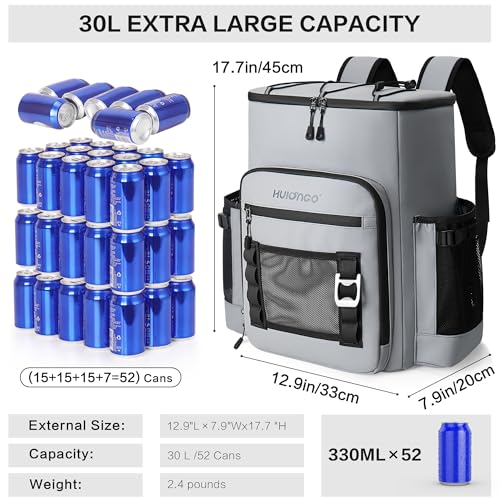 Hulongo Large 52cans Waterproof Insulated Cooler Backpack for Men & Women, Leak Proof Backpack Cooler, Soft, 8Gal (Grey)