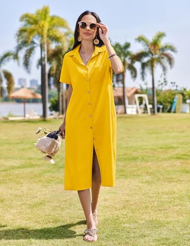 Image of HOTOUCH Womens Dress Summer Casual Midi Short Sleeve Button Down Shirt Dresses Loose Beach Cover Up with Pockets