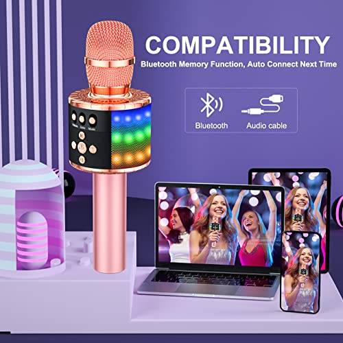 Bonaok Wireless Bluetooth Karaoke Microphone With Controllable Led Lights, 4-In-1 Portable Handheld Mic Speaker For All Smartphones, Birthday For Kids Adults All Age Q78(Rose Gold) #TOP3