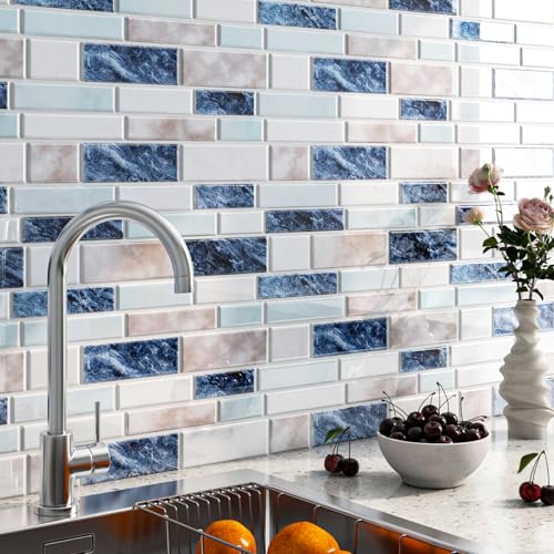 FunStick Marble Peel and Stick Backsplash for Kitchen 12"x12" Blue White Stick on Backsplash Tiles for Kitchen Backsplash Tiles Peel and Stick Wall Tile Stickers for Bathroom Shower Waterproof 5-Sheet