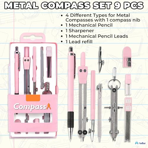 Image of FunBlast Metal Compass Set 9 Pcs - Geometry Box with Protractor, Set Squares, Ruler, Compasses, Ruler Sets, Instrument Box, Math Geometry Kit for Student & Professional (Pink)