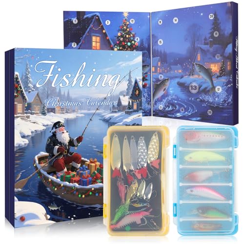 Calendario de Adviento de Pesca 2025, Juego de Señuelos de Pesca de 24 Días, Calendario de Cuenta Regresiva de Navidad, Kit de Cebo para Peces, Regalo Sorpresa de Navidad para Pescadores y Adultos