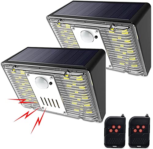 keeda Solar Security Lights Outdoor with Motion Detector, 129dB Loud Sound Solar Alarm Light with Remote Waterproof 3 Modes RV Motorhome Strobe Light for Car Vehicle Driveway Patio Yard (Pack of 2)