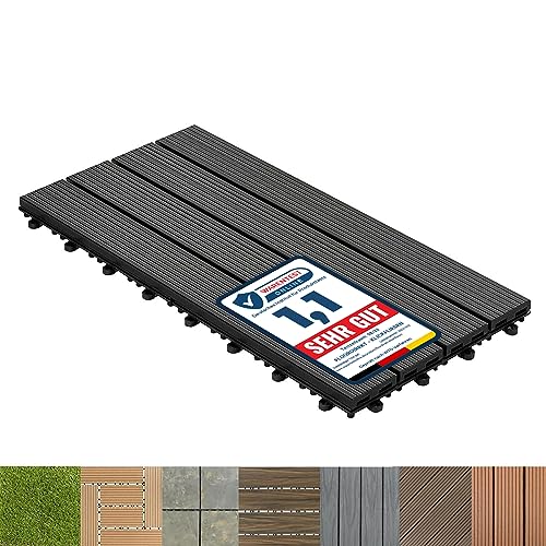 Floordirekt Baldosas de Patio WPC 60x30cm 1 pieza = 0,18m² para terrazas, balcones - suelo exterior con aspecto de madera, Clic Azulejos con función de drenaje | Antracita | Royal
