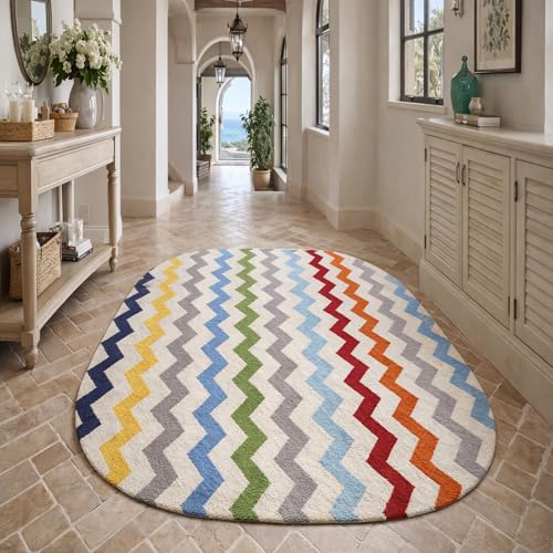 Tapis ovale antidérapant géométrique orange et gris pour protéger le sol sous une coiffeuse