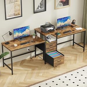 GYIIYUO 93” Two Person Desk with Charging Station, Long Desk with 3 Fabric Drawers and Printer Shelf, Double Computer Desk, 2 Person Writing Study Table Workstation for Home Office, Rustic Brown