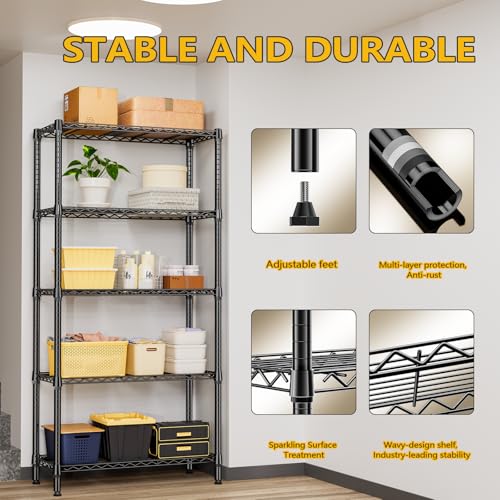 Image of M MZG 1250 lbs 5 Tier Shelf Metal Storage Shelves Shelving Wire Rack Heavy Duty Closet Organizers for Garage Kitchen Bathroom Laundry Black 15.7 inch D x 33.5 inch W x 68.5 inch H