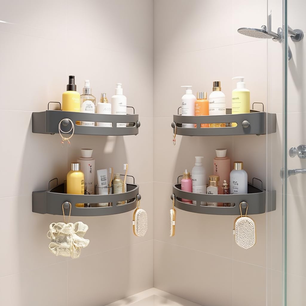 Triangular Bathroom Storage Rack Nail‚ Free Self‚ Adhesive Washbasin/Toilet Wall Shelf ‚ 10kg Capacity, Frosted Plastic, Gun Gray, Wall‚ Mounted Kitchen Organizer Set 2 Pack 2