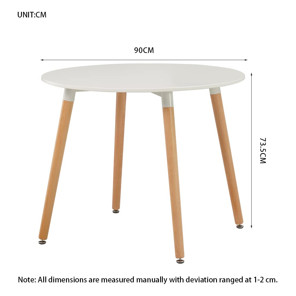 Tavolo da pranzo rotondo moderno Mid Century, bianco, con gambe in legno massello, 90 cm, per il tempo libero