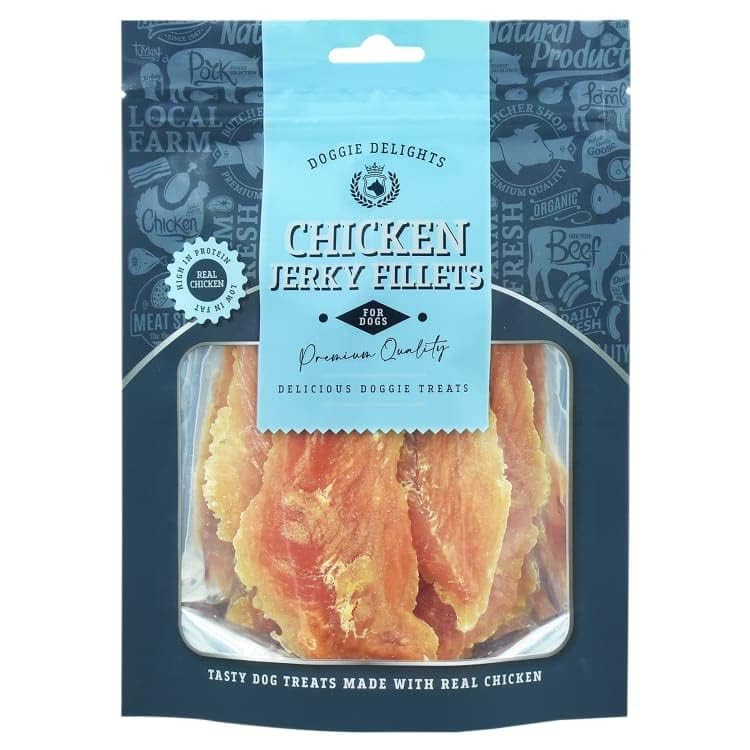 Doggie Delights Dog Treats Premium Quality Delicious Doggie Healthy Treats For Dogs Low in Fat Real High In Protein Pack Of 1 (1x Chicken Jerky Fillets 160g)