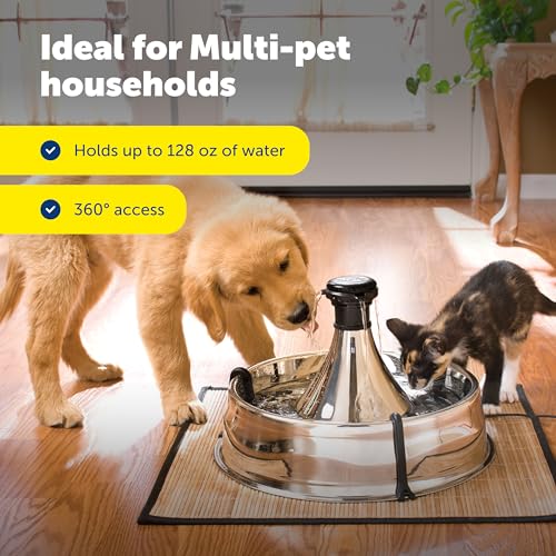 Image of PetSafe Stainless Multi-Pet Fountain with Carbon Filters Great for Multiple Pet Households Customizable Stream Options Scratch and Rust Resistant 128 Oz Water Capacity Fresh, Filtered Water