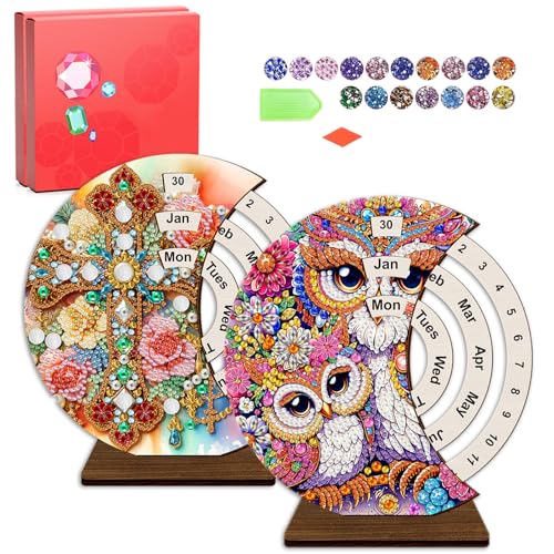 CharySim Diamond Art Calendar Kits for Adults Diamond Gem Art Kit Paint By Dots Kits Rhinestone Craft Kit for Women Birthday Gift DIY Bedazzling Art Desktop Stand (Owl&Cross 2)