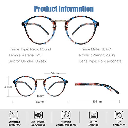 Image of Cyxus Nerd Glasses Round Blue Light Glasses for Woman Reduce Eye Strain UV Blocking for Computer Screen(8065T15 Floral Print)