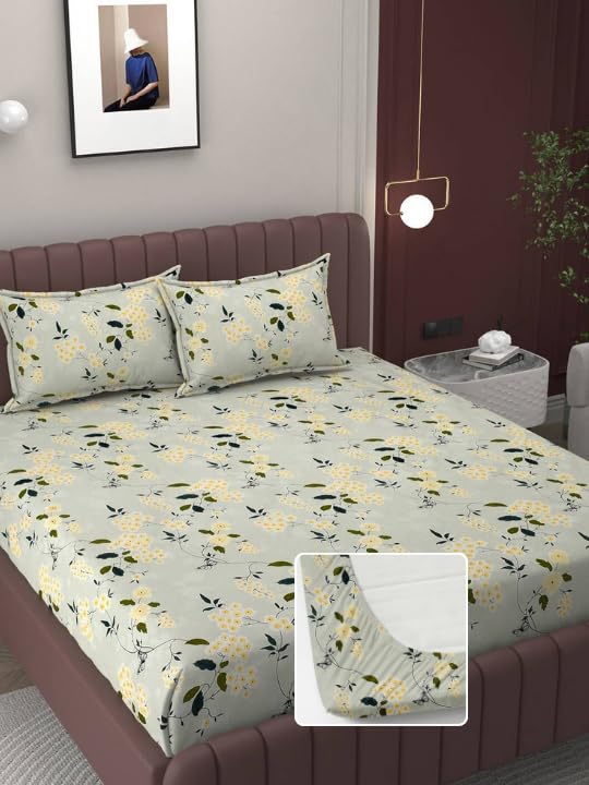 Image of 380 TC Premium Glace Cotton Elastic Fitted Bedsheet King Size with 2 Pillow Covers King Size | Double Bed with All Around Elastic (Green Floral, Fitted - 72 inchx78 inch King)
