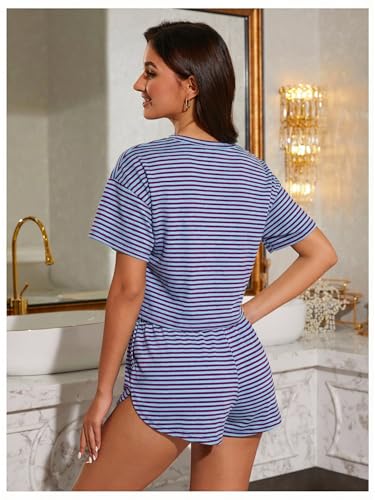 Image of OYOANGLE Womens Pajama Sets 2 Piece Sexy Lounge Sets Summer Cute Pjs Striped Print Tee and Side Split Shorts Set