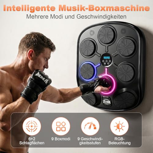Musikboxmaschine mit Handschuhen, Wandmontage Smart Punching Target mit Bluetooth, 9 Musik-/Lichtmodi, Kalorienzähler, hochschlagfester PU-Schaum für Heim-Fitnesstraining