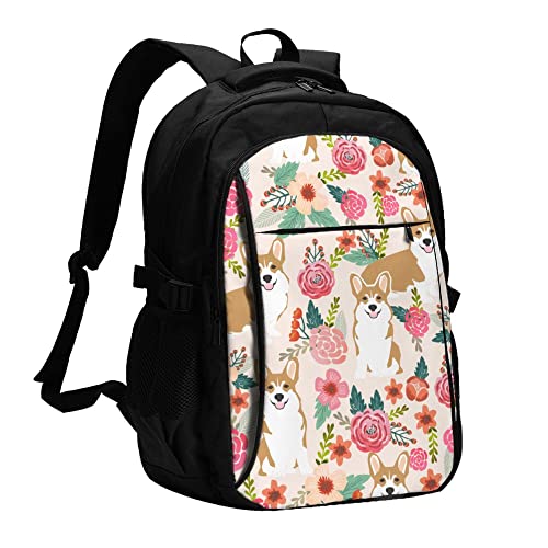 Sac à dos pour ordinateur portable avec port USB Blue Eyes Wolf sac de voyage Corgi floral