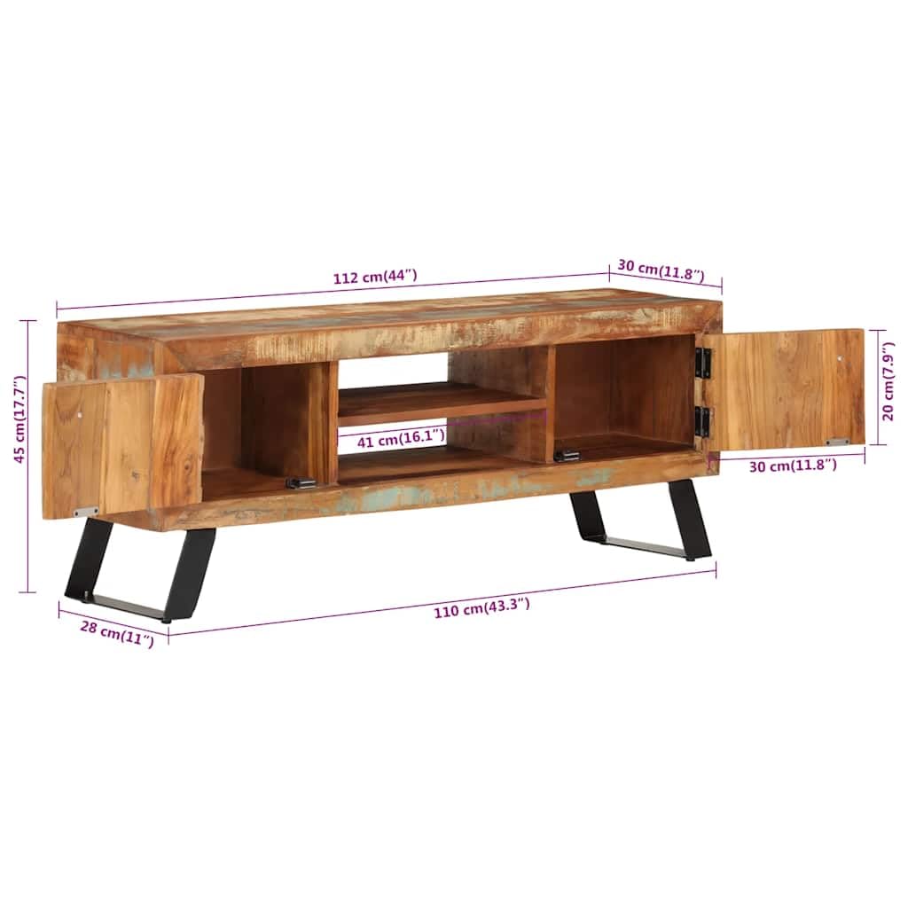 Mobile Porta TV 112x30x45 cm in Legno Massello di Recupero | Mobiletto basso vintage per soggiorno con ante e ripiani in legno riciclato e gambe in metallo.