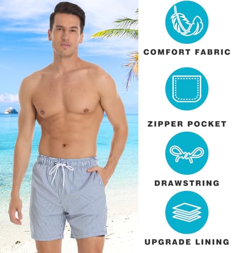 Image of Mens Swim Trunks Compression Liner No Mesh Swimming Trunks Men Swimwear Quick Dry Above Knee Zipper Pocket Swim Shorts