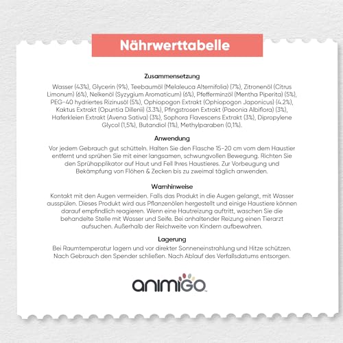 Floh & Zeckenschutz für Hunde & Katzen - Floh & Zeckenspray - Natürliches Flohmittel für Wohnung & Möbel - 500ml Zeckenschutz mit Pfefferminz & Rizinusöl - Flohspray - Anti Milben Spray - animigo